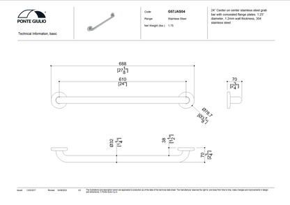 24 Inch Stainless Steel Grab Bar in Satin or Polished Finish