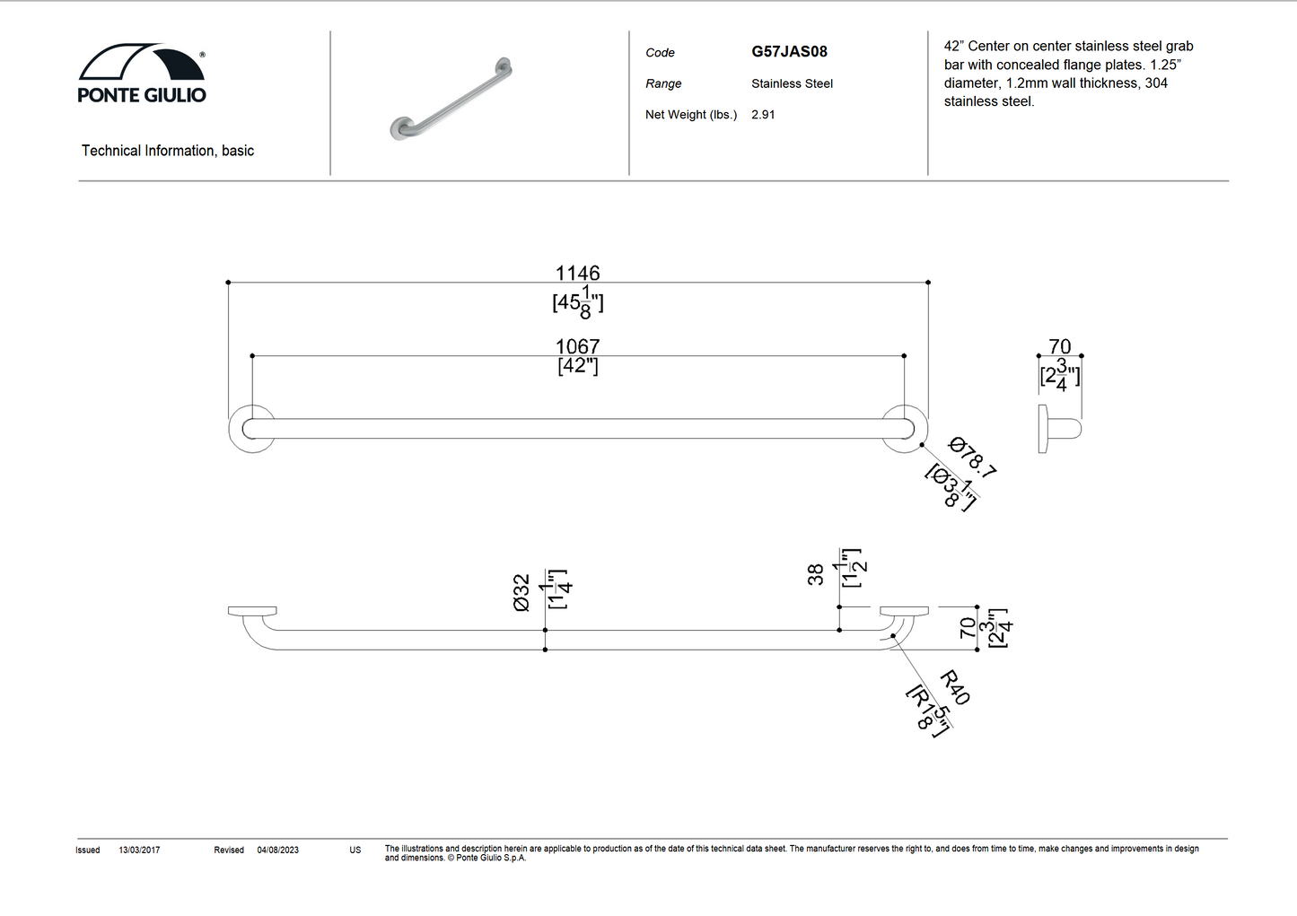 42 Inch Stainless Steel Grab Bar in Satin or Polished Finish