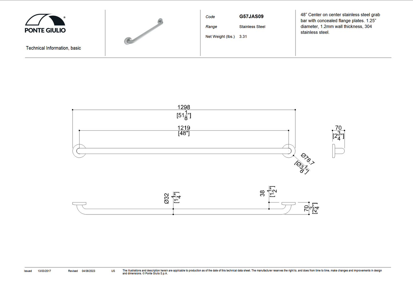 48 Inch Stainless Steel Grab Bar in Satin or Polished Finish