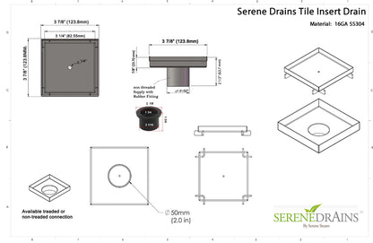 4 Inch Brushed Tile Insert Square Shower Drain with Hair Trap and Base Flange Kit