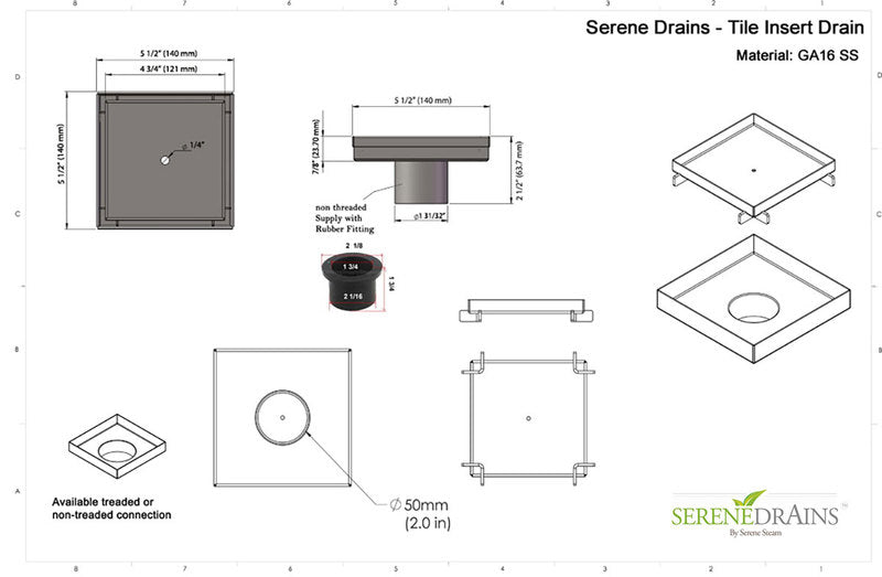 5 Inch Brushed Tile Insert Square Shower Drain with Hair Trap and Base Flange Kit