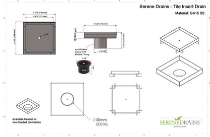 5 Inch Brushed Tile Insert Square Shower Drain with Hair Trap and Base Flange Kit