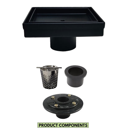 5 Inch Matte Black Tile Insert Square Shower Drain with Hair Trap and Base Flange Kit