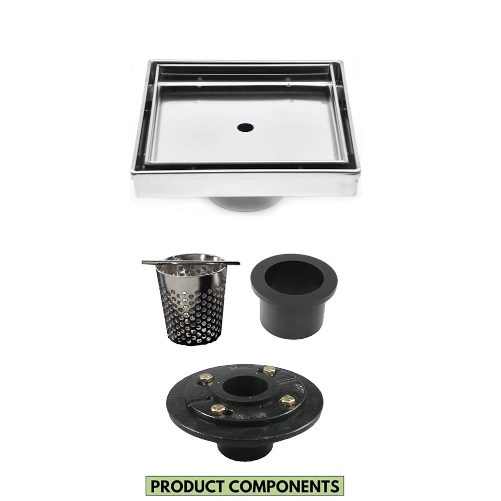 5 Inch Brushed Tile Insert Square Shower Drain with Hair Trap and Base Flange Kit