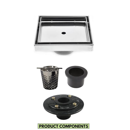 5 Inch Brushed Tile Insert Square Shower Drain with Hair Trap and Base Flange Kit