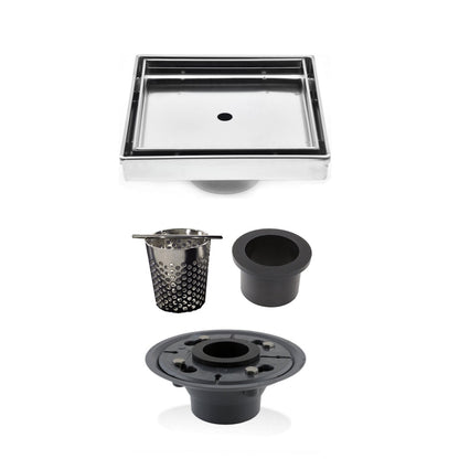 5 Inch Brushed Tile Insert Square Shower Drain with Hair Trap and Base Flange Kit