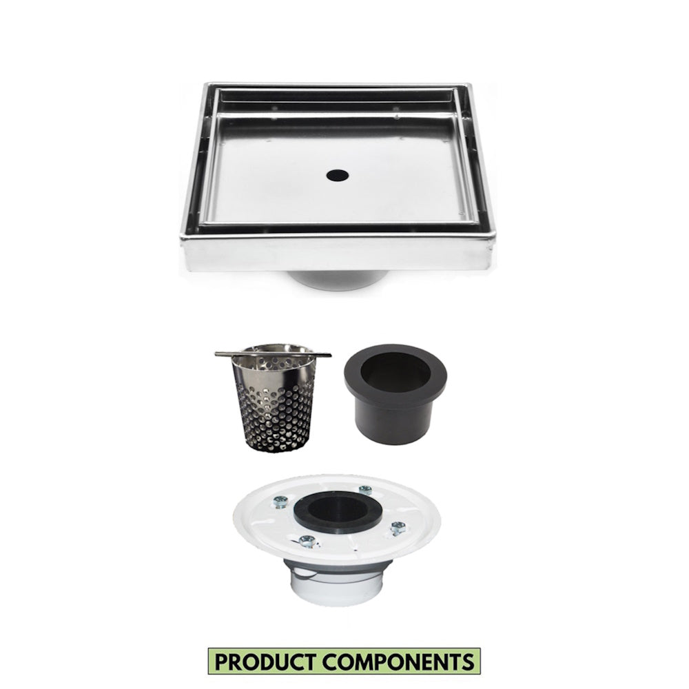 5 Inch Brushed Tile Insert Square Shower Drain with Hair Trap and Base Flange Kit