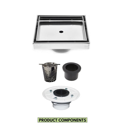 5 Inch Brushed Tile Insert Square Shower Drain with Hair Trap and Base Flange Kit