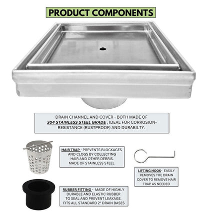 5 Inch Brushed Tile Insert Square Shower Drain with Hair Trap and Base Flange Kit