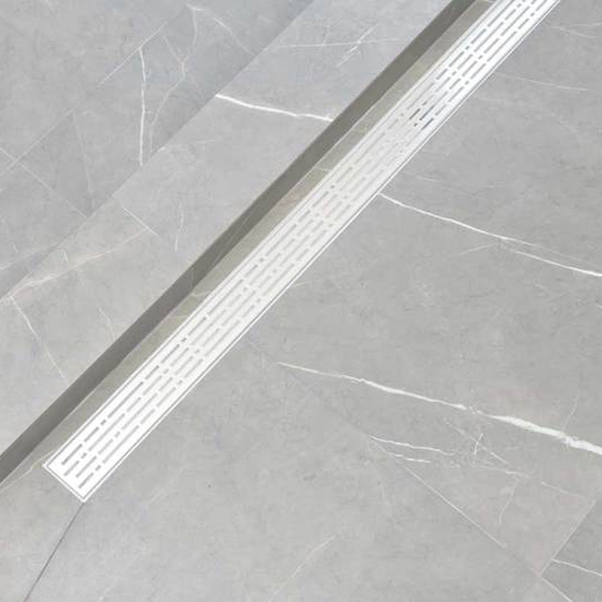Matte White Linear Shower Drain Kit with Hair Trap and Flange Base, SereneDrains