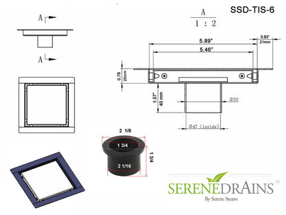6 Inch Invisible Infinity Square Shower Drain with Hair Trap and Base Flange Kit