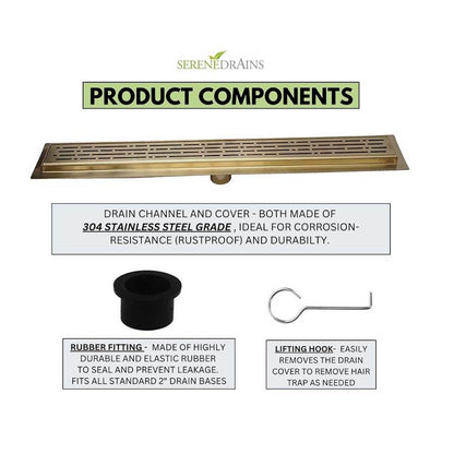 Satin Gold Linear Shower Drain Kit with Hair Trap and Flange Base, SereneDrains