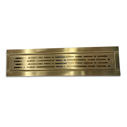Satin Gold Linear Shower Drain Kit with Hair Trap and Flange Base, SereneDrains