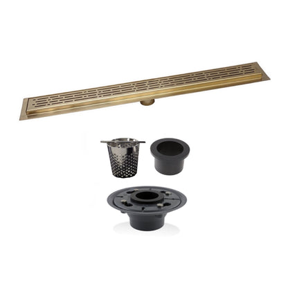 Satin Gold Linear Shower Drain Kit with Hair Trap and Flange Base, SereneDrains