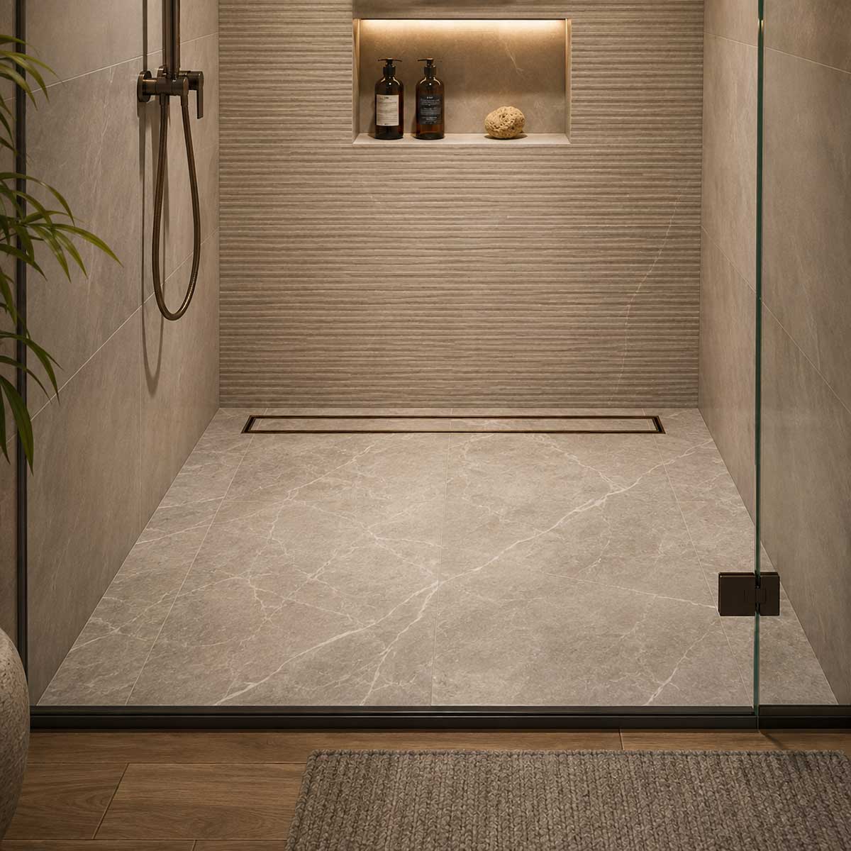 Oil Rubbed Bronze tile insert linear shower drain installed in a wet room