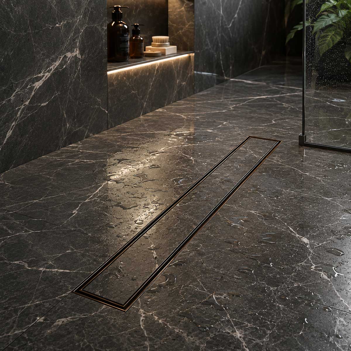 Oil Rubbed Bronze tile insert linear shower drain installed in a tiled shower