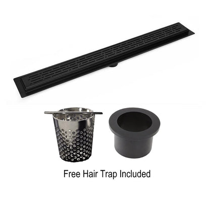 Matte Black Linear Drain for Curbless Shower with Hair Trap and Flange Base, SereneDrains