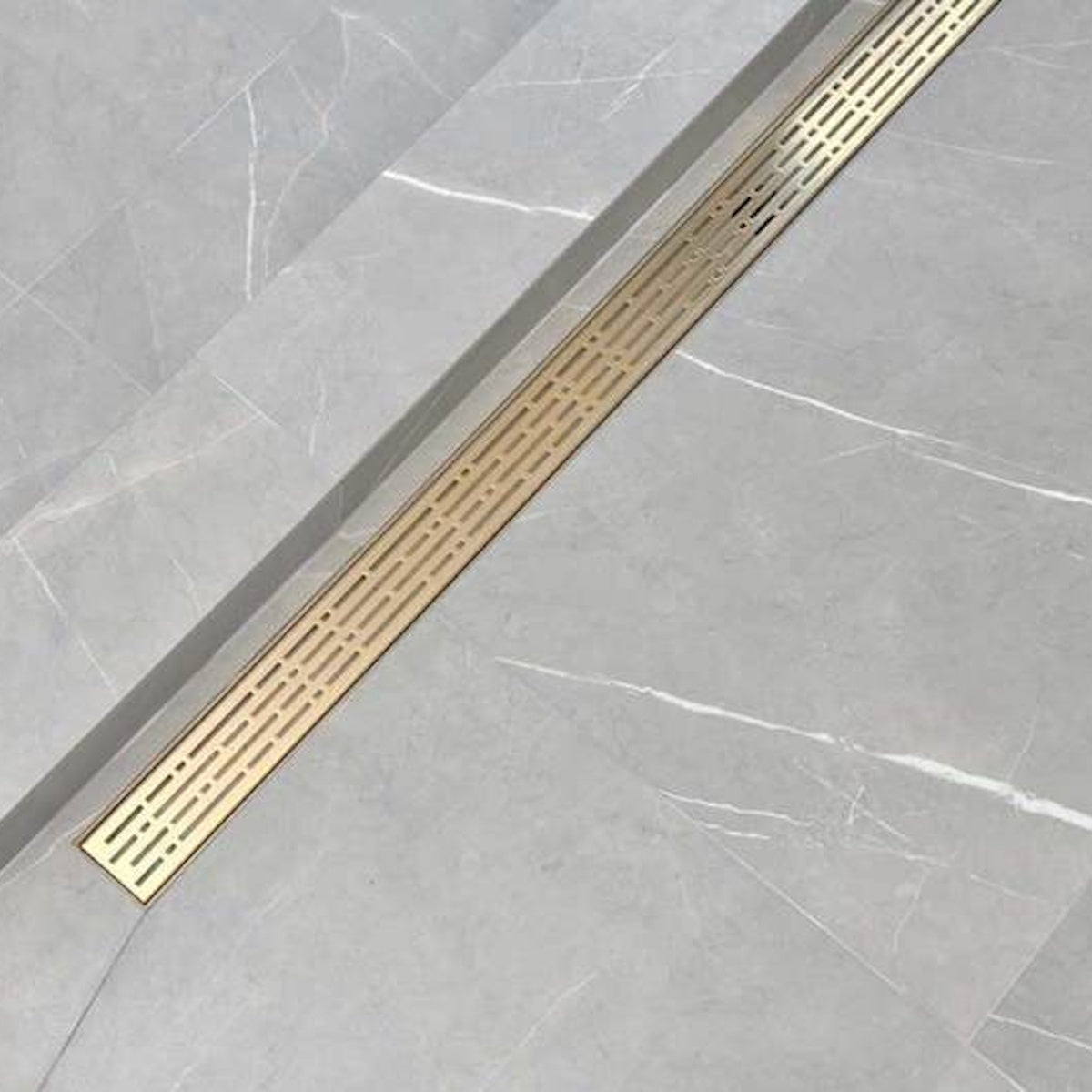 Satin Gold Linear Shower Drain Kit with Hair Trap and Flange Base, SereneDrains