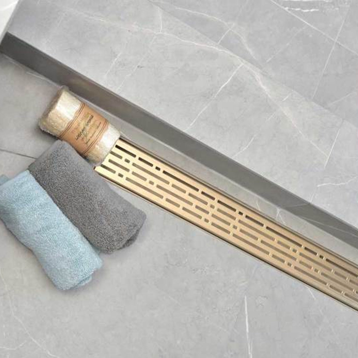 Satin Gold Linear Shower Drain Kit with Hair Trap and Flange Base, SereneDrains