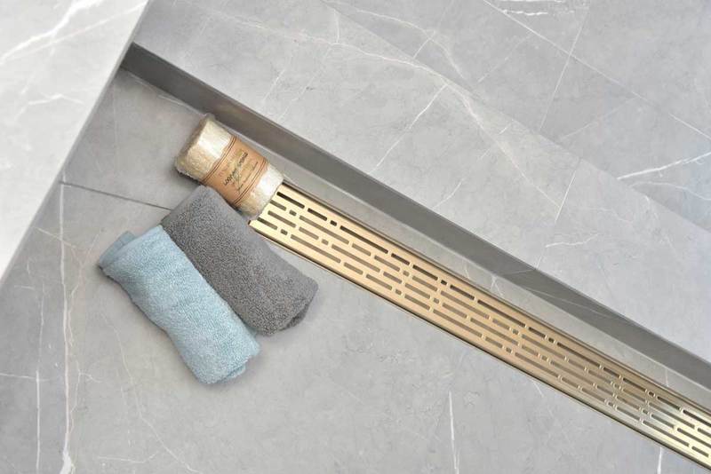 39 Inch Satin Gold Linear Shower Drain, Broken Lane Design by SereneDrains