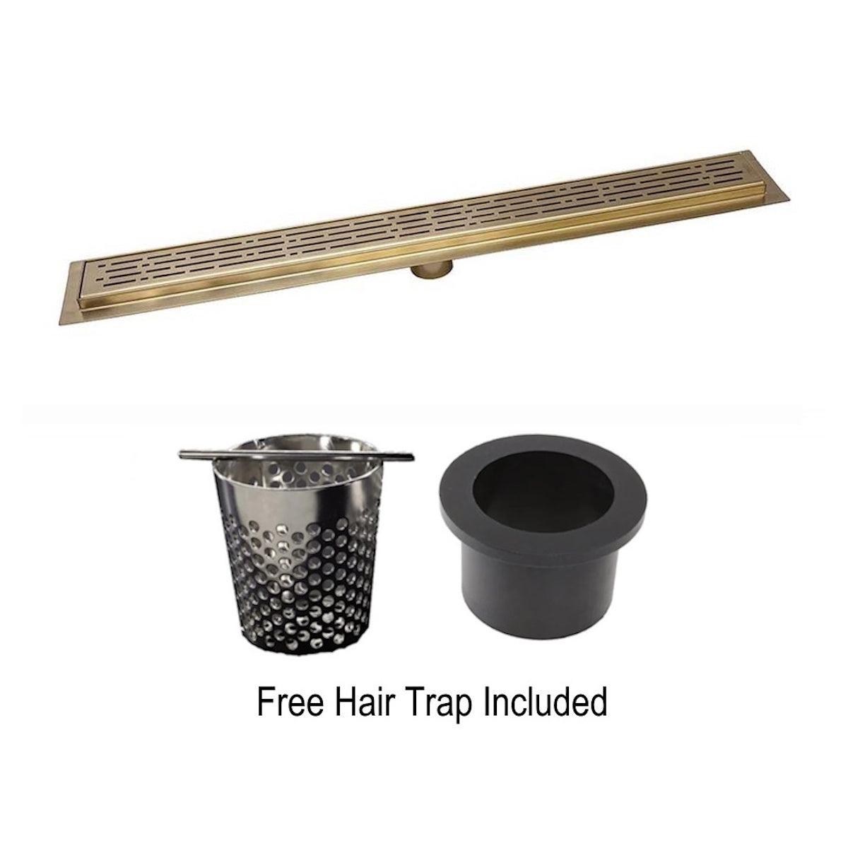 Satin Gold Linear Shower Drain Kit with Hair Trap and Flange Base, SereneDrains