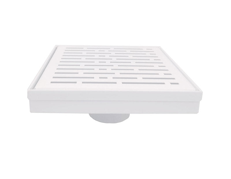 6 Inch Matte White Square Shower Drain with Hair Trap and Base Flange Kit – Broken Lane Design