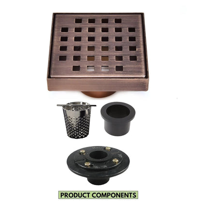 4 Inch Bronze Square Shower Drain Kit with Hair Trap and Base Flange – Traditional Square Design