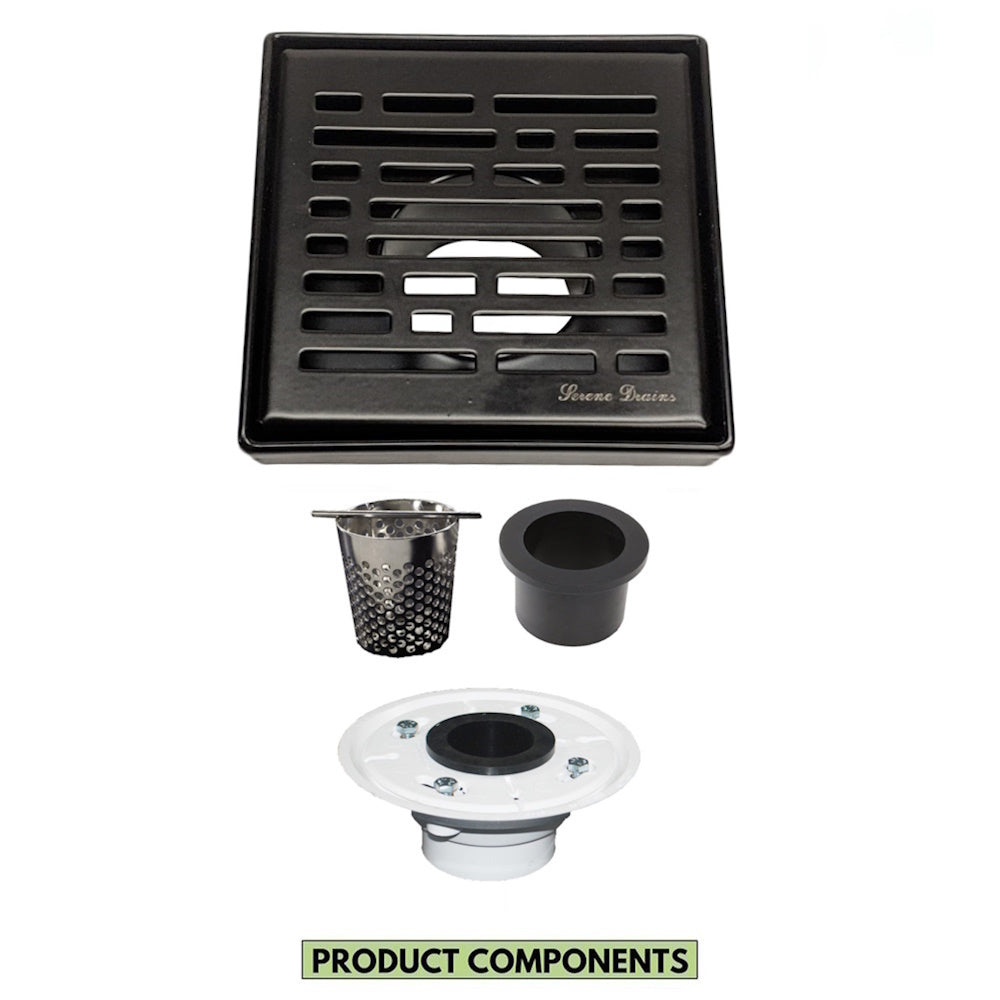 4 Inch Matte Black Square Shower Drain Kit with Hair Trap and Base Flange – Broken Lane Design