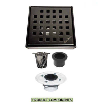 4 Inch Matte Black Square Shower Drain Kit with Hair Trap and Base Flange – Traditional Square Design
