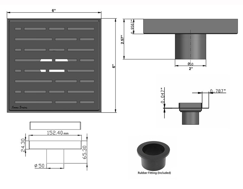 6 Inch Brushed Square Shower Drain with Hair Trap and Base Flange Kit – Broken Lane Design