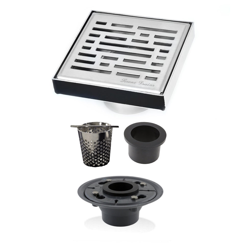 4 Inch Polished Square Shower Drain Kit with Hair Trap and Base Flange – Broken Lane Design