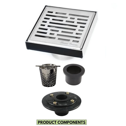 4 Inch Polished Square Shower Drain Kit with Hair Trap and Base Flange – Broken Lane Design