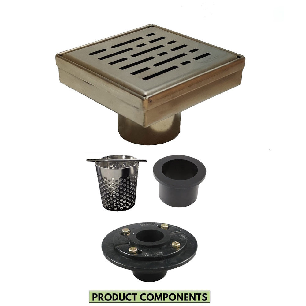 4 Inch Satin Gold Square Shower Drain Kit with Hair Trap and Base Flange – Broken Lane Design