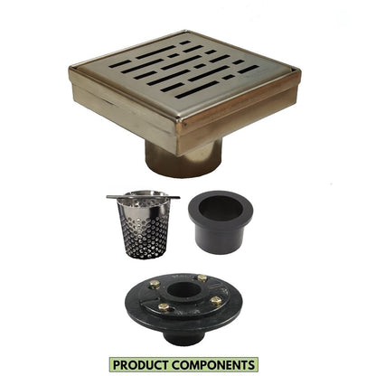 4 Inch Satin Gold Square Shower Drain Kit with Hair Trap and Base Flange – Broken Lane Design