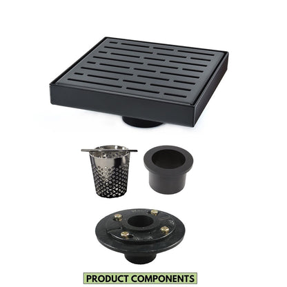 6 Inch Matte Black Square Shower Drain with Hair Trap and Base Flange Kit – Broken Lane Design