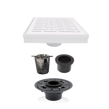 6 Inch Matte White Square Shower Drain with Hair Trap and Base Flange Kit – Broken Lane Design
