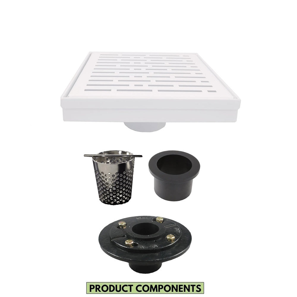 6 Inch Matte White Square Shower Drain with Hair Trap and Base Flange Kit – Broken Lane Design