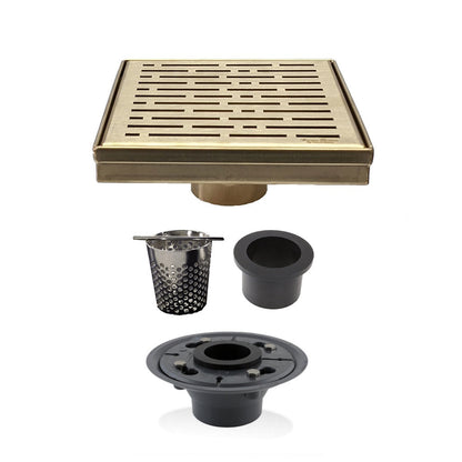 6 Inch Satin Gold Square Shower Drain with Hair Trap and Base Flange Kit – Broken Lane Design