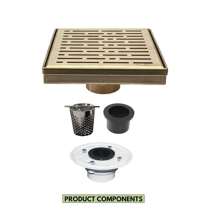 6 Inch Satin Gold Square Shower Drain with Hair Trap and Base Flange Kit – Broken Lane Design
