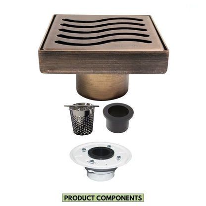 4 Inch Oil-Rubbed Bronze Square Shower Drain Kit with Hair Trap and Base Flange – Ocean Wave Design