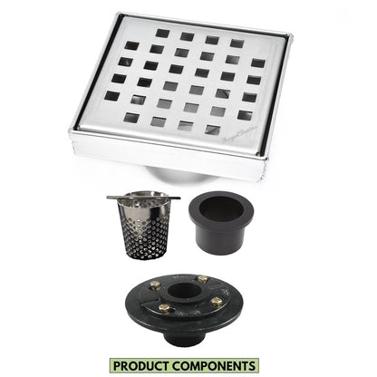 4 Inch Brushed Square Shower Drain Kit with Hair Trap and Base Flange – Traditional Square Design
