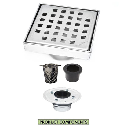 4 Inch Brushed Square Shower Drain Kit with Hair Trap and Base Flange – Traditional Square Design