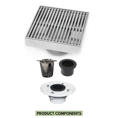 4 Inch Polished Chrome Square Shower Drain Kit with Hair Trap and Base Flange – Linear Wedge Design