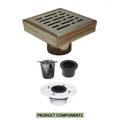 4 Inch Satin Gold Square Shower Drain Kit with Hair Trap and Base Flange – Broken Lane Design