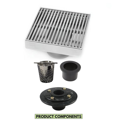 4 Inch Polished Chrome Square Shower Drain Kit with Hair Trap and Base Flange – Linear Wedge Design
