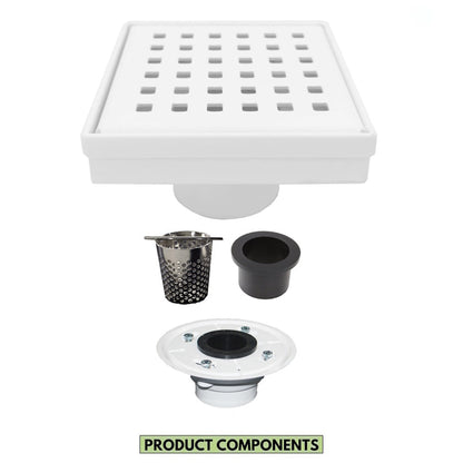 4 Inch Matte White Square Shower Drain Kit with Hair Trap and Base Flange – Traditional Square Design