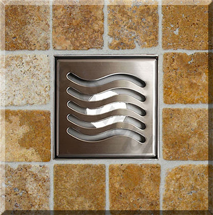 4 Inch Brushed Square Shower Drain Kit with Hair Trap and Base Flange – Ocean Wave Design