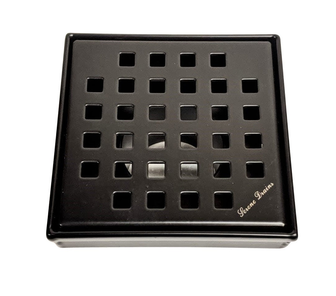 4 Inch Matte Black Square Shower Drain Kit with Hair Trap and Base Flange – Traditional Square Design