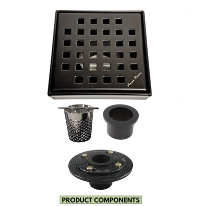4 Inch Matte Black Square Shower Drain Kit with Hair Trap and Base Flange – Traditional Square Design