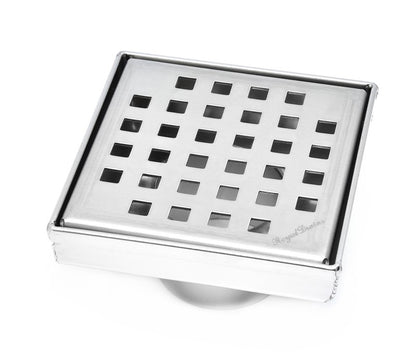 4 Inch Brushed Square Shower Drain Kit with Hair Trap and Base Flange – Traditional Square Design